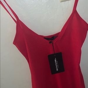 Red Ribbed Plunge Midi Dress